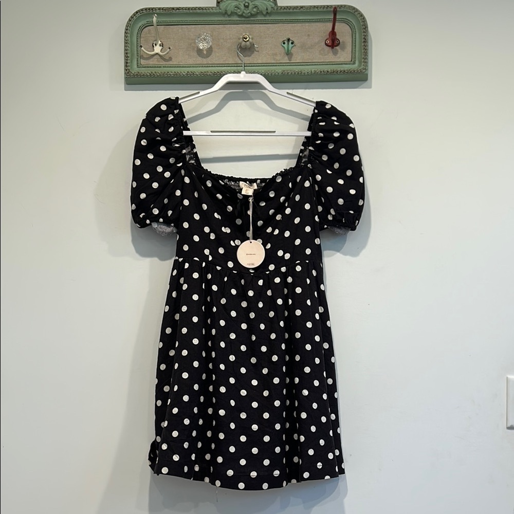 Camila Coelho Black Polka Dot Puff Sjort Sleeve Mini Dress Large new w tags